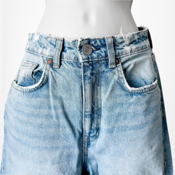 Zara Blue Distressed Destroyed Medium Wash Ripped Knee High Waisted Mom Jeans XS - Picture 7 of 10